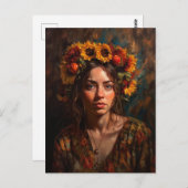 Frau mit Sonnenblumen Herbsternte Krone Postkarte (Vorne/Hinten)