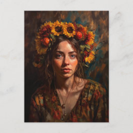Frau mit Sonnenblumen Herbsternte Krone Postkarte