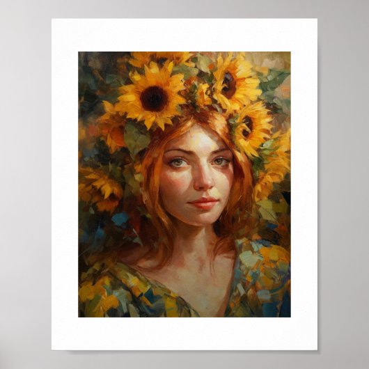 Frau mit Sonnenblumen im Haar Poster (Vorne)