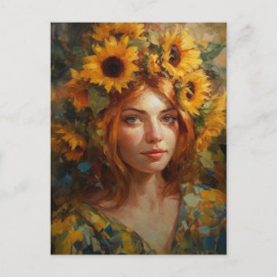 Frau mit Sonnenblumen im Haar Postkarte