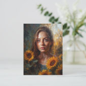 Frau mit Sonnenblumen Postkarte (Stehend Vorderseite)