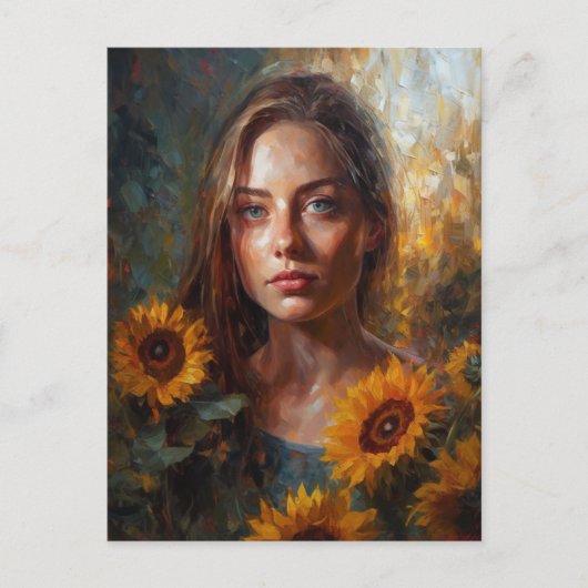Frau mit Sonnenblumen Postkarte (Vorderseite)