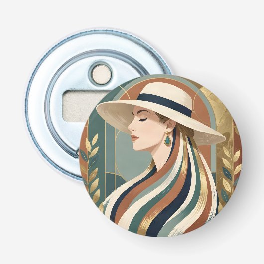 Frau mit Sonnenhut Art Deco Flaschenöffner (Vorderseite)