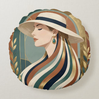 Frau mit Sonnenhut Art Deco Rundes Kissen