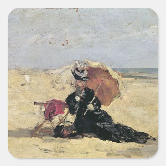 Frau mit Sonnenschirm am Strand, 1880 Quadratischer Aufkleber (Vorderseite)