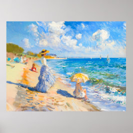 Frau mit Sonnenschirm am Strand Impressionismus Poster