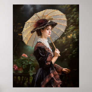 Frau mit Sonnenschirm beim Spaziergang im Garten Poster