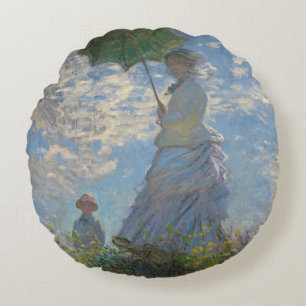 Frau mit Sonnenschirm - Frau Monet und ihr Sohn Rundes Kissen