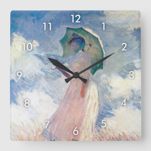Frau mit Sonnenschirm, Monet Quadratische Wanduhr (Vorderseite)