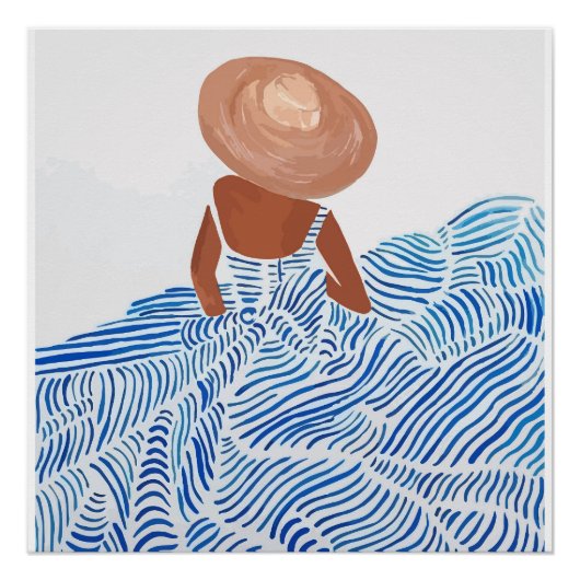 Frau mit Strohhut Blaues Kleid – Minimale Küste Poster (Vorderseite)