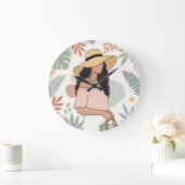 Frau mit Strohhut mit Blumen Große Wanduhr (Zuhause)