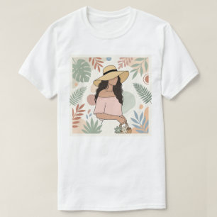 Frau mit Strohhut mit Blumen T-Shirt