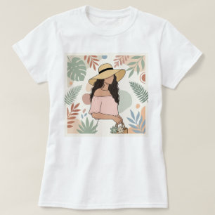 Frau mit Strohhut mit Blumen T-Shirt