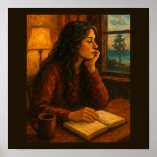 Frau mit Tagebuch, aus dem Fenster schauend Poster