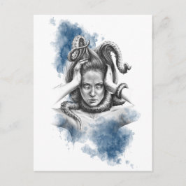 Frau mit Tentakeln in haarfantasievoller surrealer Postkarte