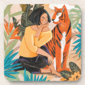 Frau mit Tigersunset-Dschungel Getränkeuntersetzer (Vorderseite)