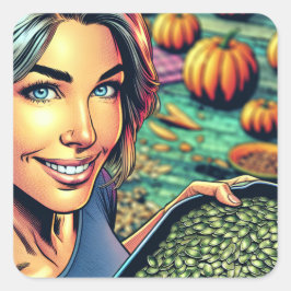 Frau mit Tray of Pumpkin Seeds Halloween Quadratischer Aufkleber