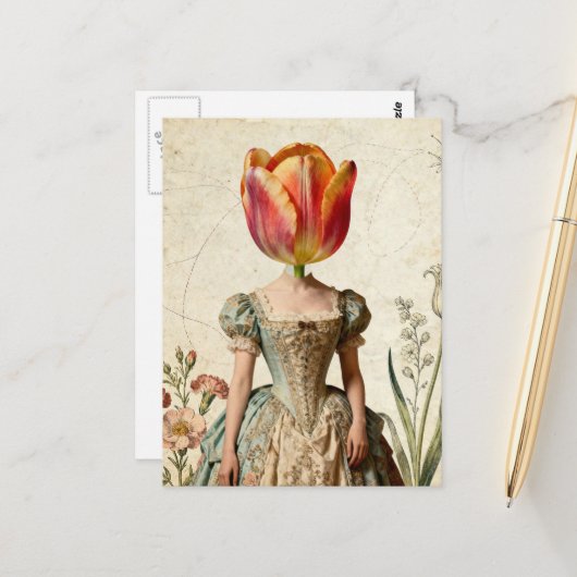 Frau mit Tulpe als Kopf Postkarte (Vorderseite/Rückseite Beispiel)
