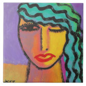 Frau mit türkisfarbenem Abstraktem Portrait Fliese (Vorderseite)