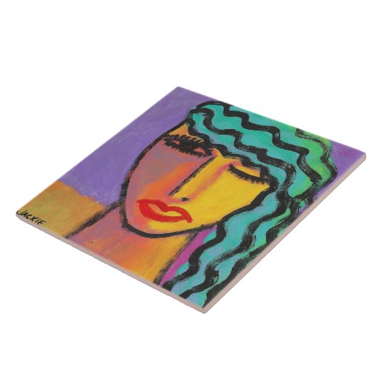 Frau mit türkisfarbenem Abstraktem Portrait Fliese (Seite)