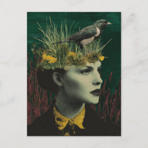 Frau mit Vogel auf dem Kopf Mixed Media Collage Postkarte