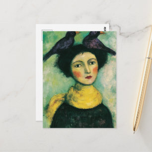 Frau mit Vögeln auf dem Kopf Postkarte
