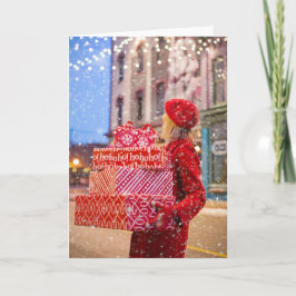 Frau mit Weihnachtsgeschenken Feiertagskarte