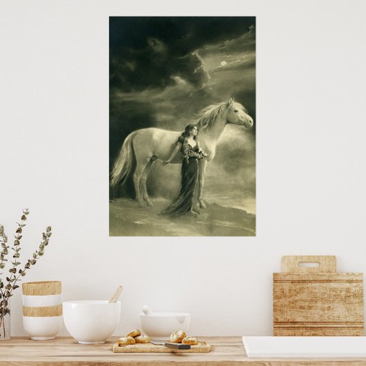 Frau mit weißem Pferd. Poster (Küche)