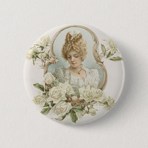 Frau mit weißem Rosen-Knopf Button