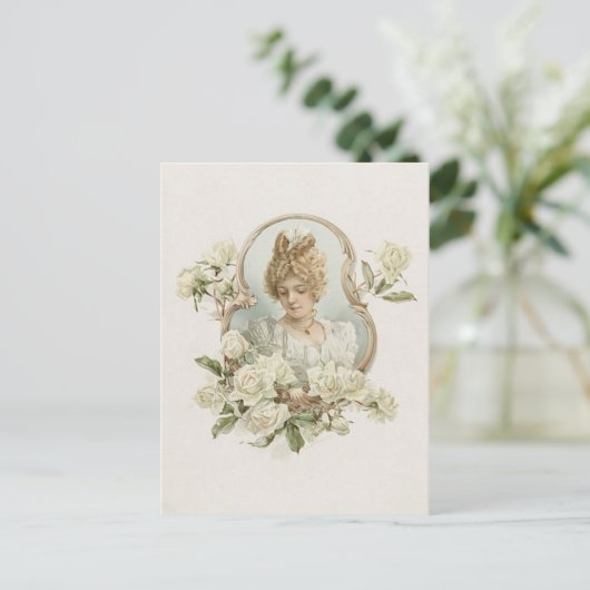 Frau mit weißer Rose Postkarte (Stehend Vorderseite)
