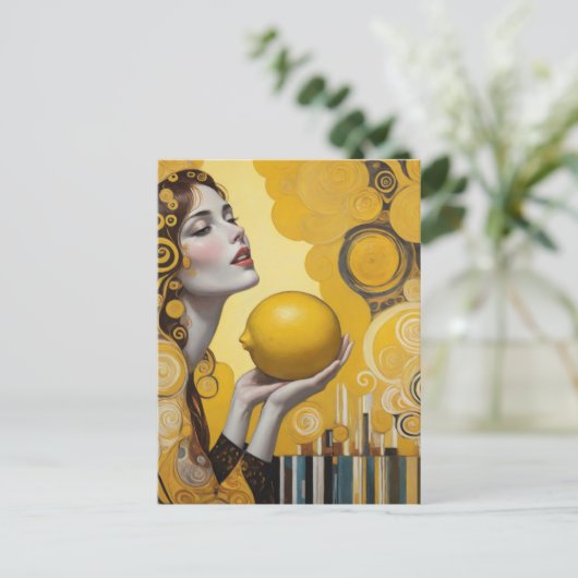 Frau mit Zitrone Postkarte (Stehend Vorderseite)