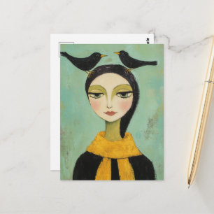 Frau mit zwei schwarzen Vögeln Postkarte