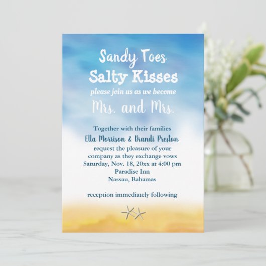 Frau & Mrs. Sandy Toes Wedding Invite - Sky & Sand Einladung (Stehend Vorderseite)