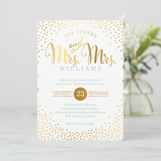 FRAU & MRS. STYLISH GLAM WEDING gold confetti mint Einladung (Stehend Vorderseite)