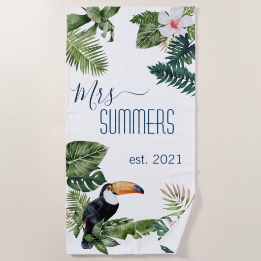Frau Newlywed Bride Monogram Tropical Blätter Strandtuch (Vorderseite)
