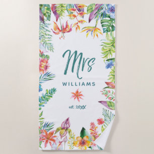 Frau Newlywed Tropical Floral Watercolor Script Strandtuch
