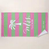 Frau Palm Tree Beachy Pink Green Wedding Geschenk Strandtuch (Vorderseite)