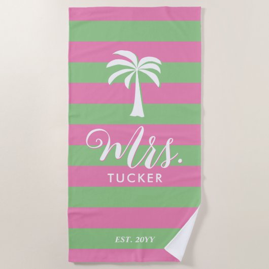 Frau Palm Tree Beachy Pink Green Wedding Geschenk Strandtuch (Vorderseite)