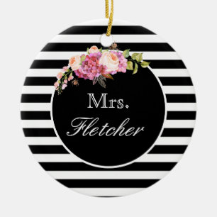Frau Personalisiert Black & White Stripes & Blume Keramik Ornament
