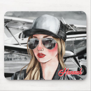 Frau Pilot & Sonnenbrille Cessna Flugzeug Weihnach Mousepad