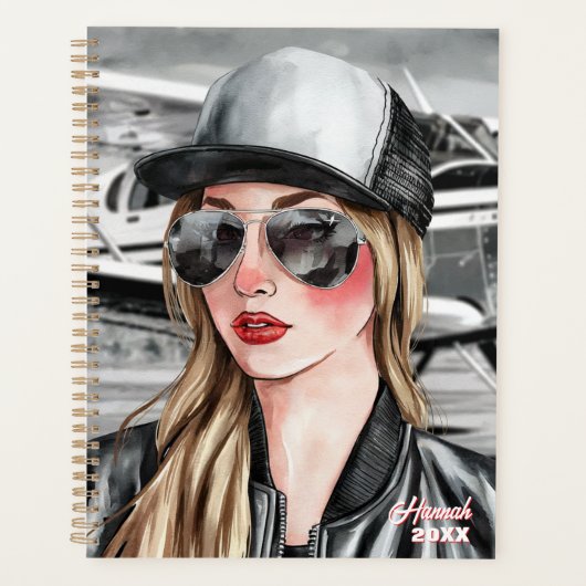 Frau Pilot & Sonnenbrille Cessna Flugzeug Weihnach Planer (Vorderseite)