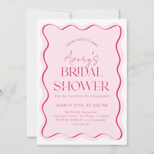 Frau Pink Bow Wavy Modernes Brautparty Einladung (Vorderseite)