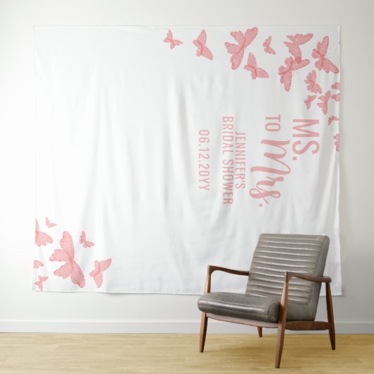 Frau Pink Butterfly Chic White Bridal Hintergrund Wandteppich (Beispiel (Horizontal))