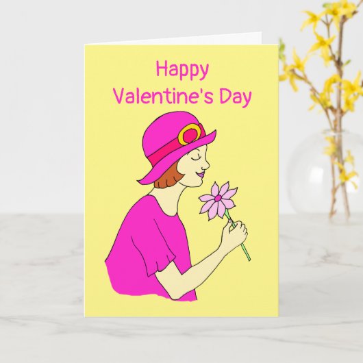 Frau Pink-Hut-Valentinstag Karte (Gelbe Blume)