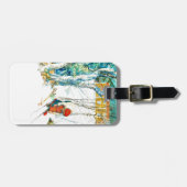 Frau pupft auf ihren Skiern Gepäckanhänger (Vorderseite horizontal)