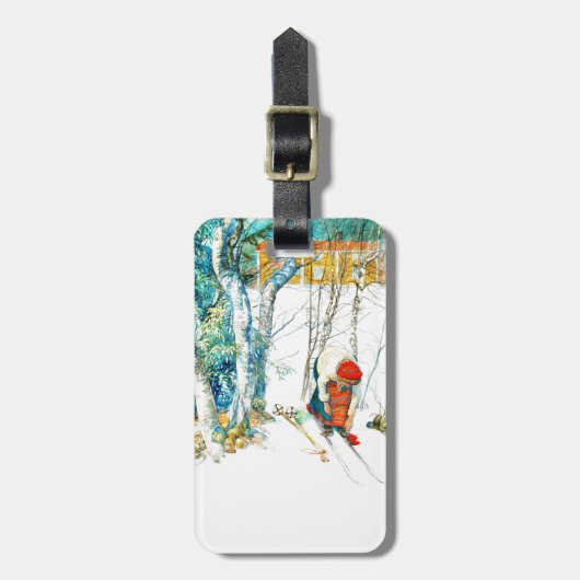 Frau pupft auf ihren Skiern Gepäckanhänger (Vorderseite vertikal)