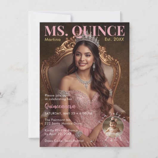 Frau Quince Elegant Pink Fünfzehnte Feier Einladung (Vorderseite)