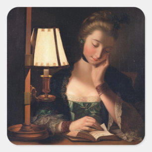 Frau Reading by a Paper-bell Shade, 1766 (Öl auf Quadratischer Aufkleber