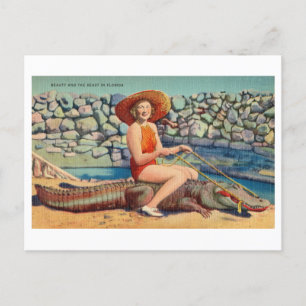 Frau reitet auf einem Alligator Vintage Florida Re Postkarte