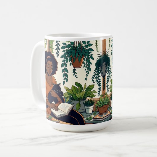 Frau Relaxen mit Katze, Buch und Pflanze Kaffeetasse (Vorderseite Links)